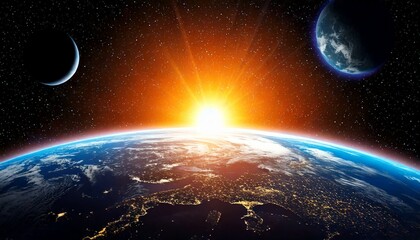 Amanecer en la Tierra desde el espacio: Iluminación de la hora dorada de los planetas del cosmos contra un cielo de hermosos colores; imagen de fondo conceptual, espacio de copia, fondo de pantalla