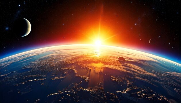 Amanecer en la Tierra desde el espacio: Iluminaci&oacute;n de la hora dorada de los planetas del cosmos contra un cielo de hermosos colores; imagen de fondo conceptual, espacio de copia, fondo de pantalla