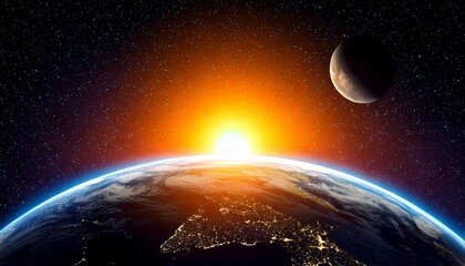 Obraz premium Amanecer en la Tierra desde el espacio: Iluminación de la hora dorada de los planetas del cosmos contra un cielo de hermosos colores; imagen de fondo conceptual, espacio de copia, fondo de pantalla