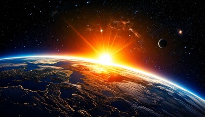 Obraz premium Amanecer en la Tierra desde el espacio: Iluminación de la hora dorada de los planetas del cosmos contra un cielo de hermosos colores; imagen de fondo conceptual, espacio de copia, fondo de pantalla