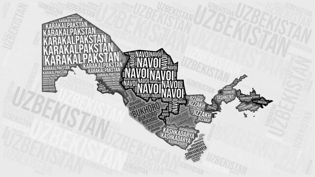 Uzbekistan Animation. Visual effect of Uzbekistan regions appearing in black and white word clouds style. Country intro video. Modern Animated Motion Graphics.