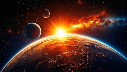 Amanecer en la Tierra desde el espacio: Iluminación de la hora dorada de los planetas del cosmos contra un cielo de hermosos colores; imagen de fondo conceptual, espacio de copia, fondo de pantalla