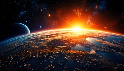 Amanecer en la Tierra desde el espacio: Iluminación de la hora dorada de los planetas del cosmos contra un cielo de hermosos colores; imagen de fondo conceptual, espacio de copia, fondo de pantalla
