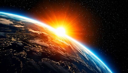 Obraz premium Amanecer en la Tierra desde el espacio: Iluminación de la hora dorada de los planetas del cosmos contra un cielo de hermosos colores; imagen de fondo conceptual, espacio de copia, fondo de pantalla