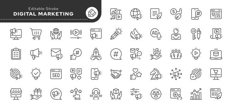 Digital marketing line icon set. Marketing, advertisement, communication, content, seo, product, blog, promotion and more. Outline vector icon in linear style. Series of pictograms.	