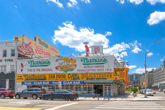 New York City, United States - May-28-2024 - Advertising for the famous Nathan's Hot Dog's in Coney Island