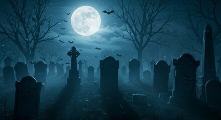 Spooky graveyard at night
