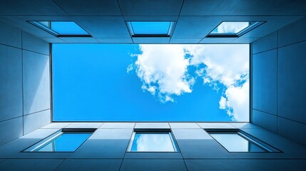 Modern building interior looking up to a clear blue sky with clouds