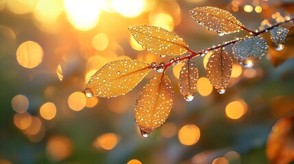 Dew-kissed autumn leaves at sunset.