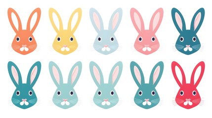 Collection of Eight Stylized Colorful Easter Rabbit Faces Isolated on White Background