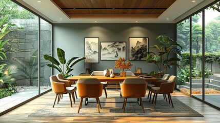 Elegant dining interior with upholstered chairs, clean wood table, and sage green accent wall, soft ambient lighting, high resolution, sharp textures, realistic materials 