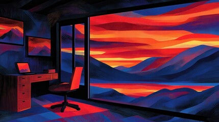Vibrant sunrise vista framed inside cozy office interior for focus and relaxation ideal for promoting work-life harmony and balance