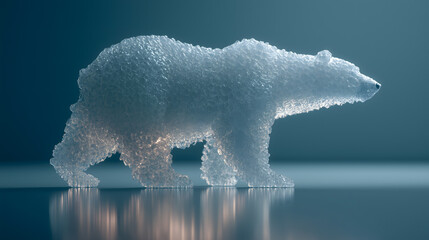A stylized polar bear made from glimmering ice granules walks gracefully across a smooth studio surface with soft lighting and a cool ambient backdrop.