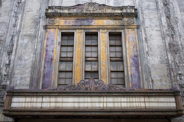 Obraz premium Old weathered theater marquee and windows showing decaying facade