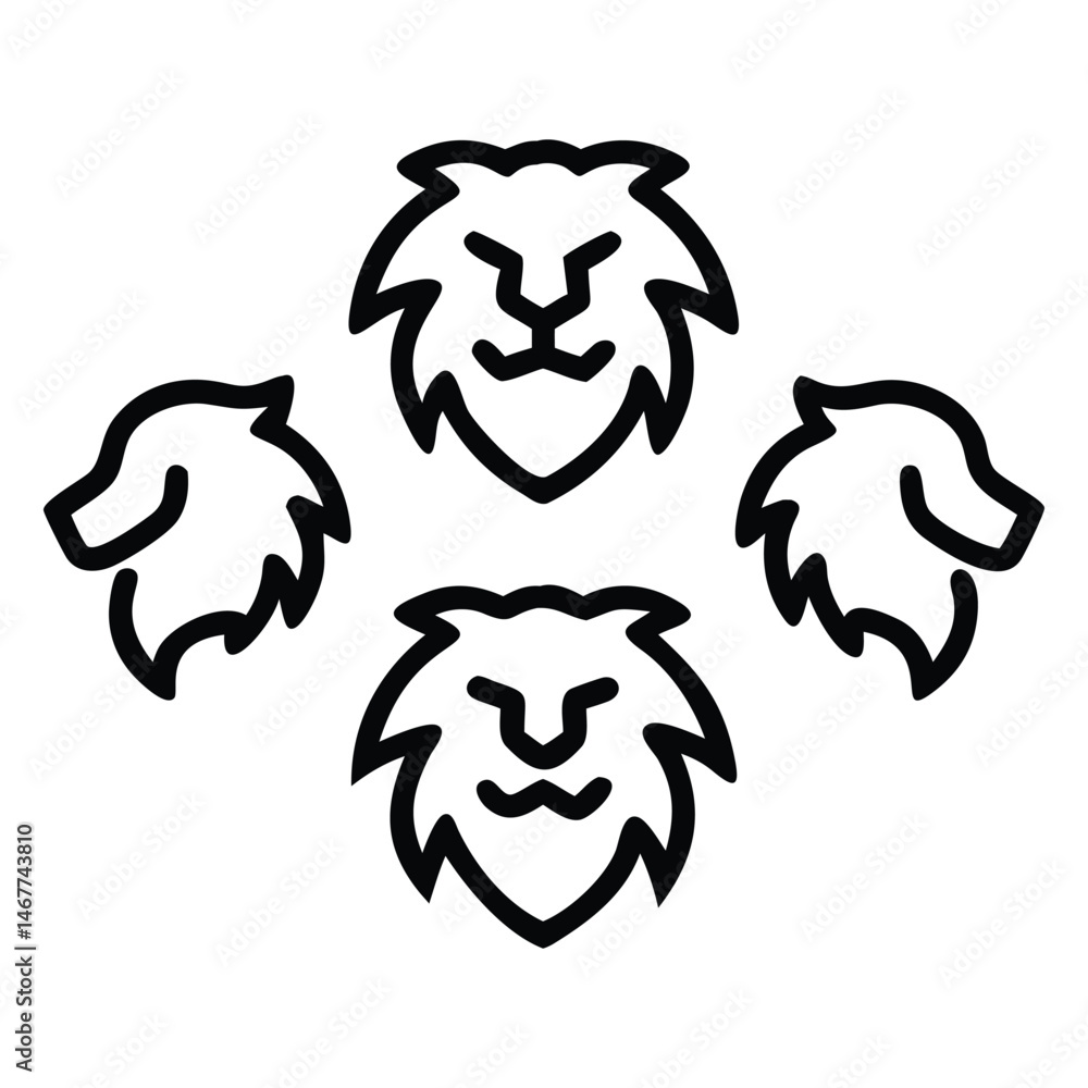 Poster lion heads in minimal flat line style are shown in an abstract form