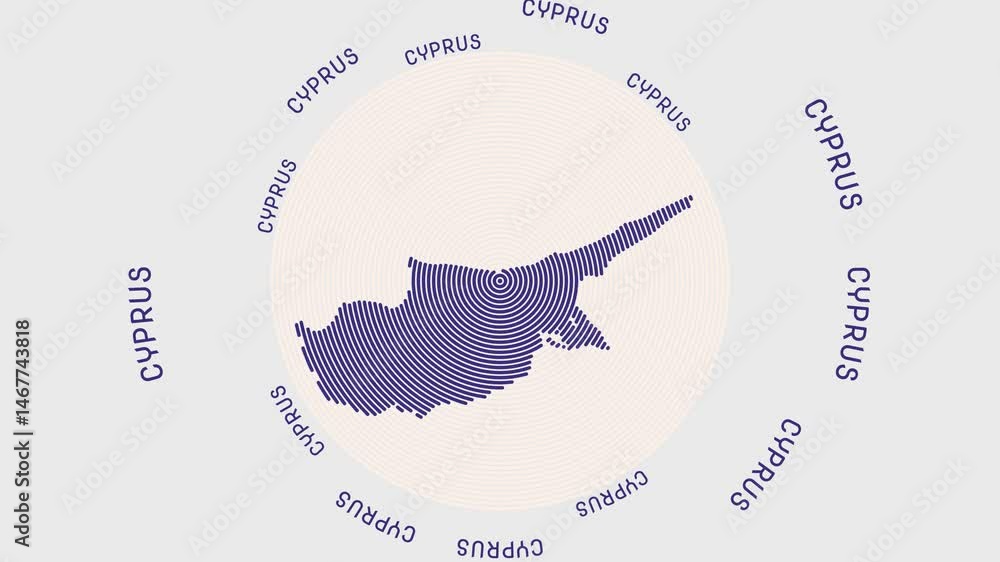 Poster cyprus shape with dynamic circles visual effect. animation of cyprus logo appearing from rotating ri