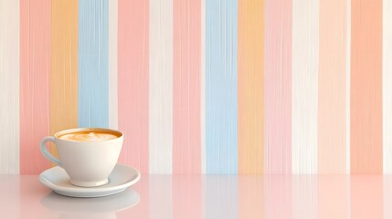 Photograph of a white cup with latte art on a saucer, positioned on a striped pink and blue background.