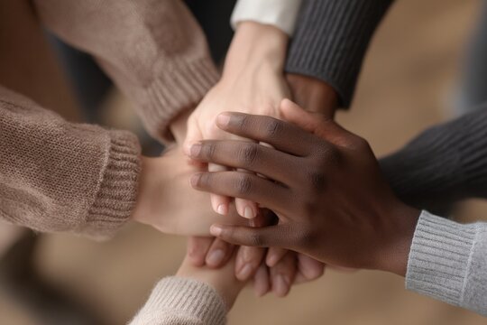 Diverse group of hands stacked together, symbolizing unity and support.