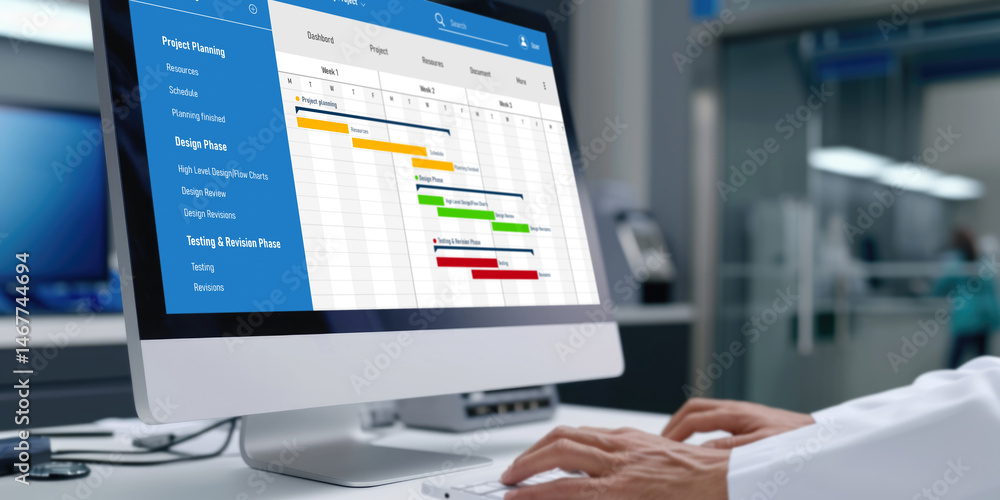 Poster project planning software for brisk business project management on the computer screen showing timel