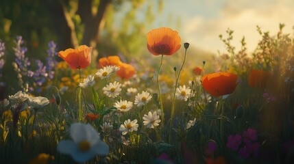 Obraz premium Wildflowers field at sunset