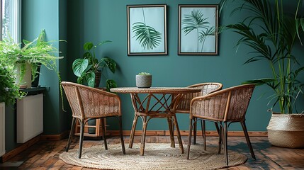 Scandinavian-style dining setup featuring neutral-toned chairs around a simple wood table, sage green wall as background, soft daylight, sharp focus, clean design, stock photo quality 