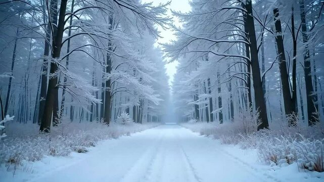 Serene Winter Wonderland Path A snow covered road winds through a magical frosty forest showcasing picturesque winter trees and breathtaking scenery