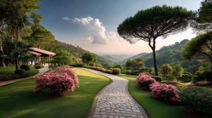 A beautiful garden with blooming flowers and bright sunshine, perfect for enjoying a relaxing afternoon under the good weather of the season