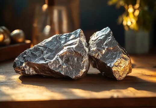 A few stones with a metallic sheen on the wooden surface, parts of which glistened in the Sun.