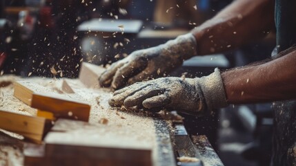 A skilled artisan works diligently in a wood workshop, shaping pieces of wood. Sawdust flies as hands expertly manipulate materials, creating artistry and precision.