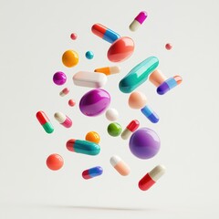 Colorful pills and capsules in mid-air