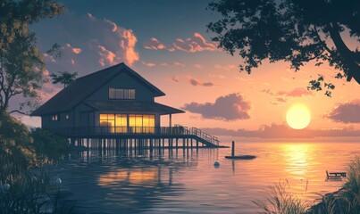 a beautiful japanese house at sea water in the late evening. anime cartoonish artstyle. cozy lofi asian architecture. sunrise in the morning. 16:9 4k resolution. Generative AI