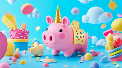 Fantasy Birthday Theme: A pink Piggy Unicorn with Treats and Spheres, Print, Card, Invitation