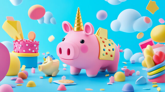 Fantasy Birthday Theme: A pink Piggy Unicorn with Treats and Spheres, Print, Card, Invitation