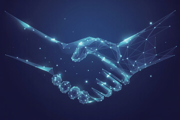 Digital handshake illustration representing business partnership and technology agreement on dark blue background