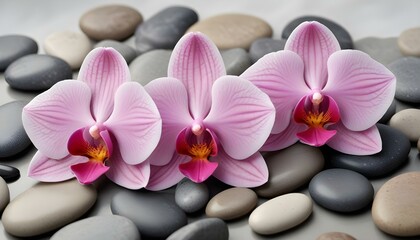 Beautiful pink orchids and smooth stones create a peaceful and zen-like composition.