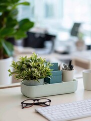 Desk Organizer With Plant and Office Supplies in a Bright Workspace Filled With Natural Light and Greenery Generative AI