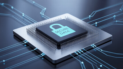 Secure data microchip close up depicting cybersecurity and information protection