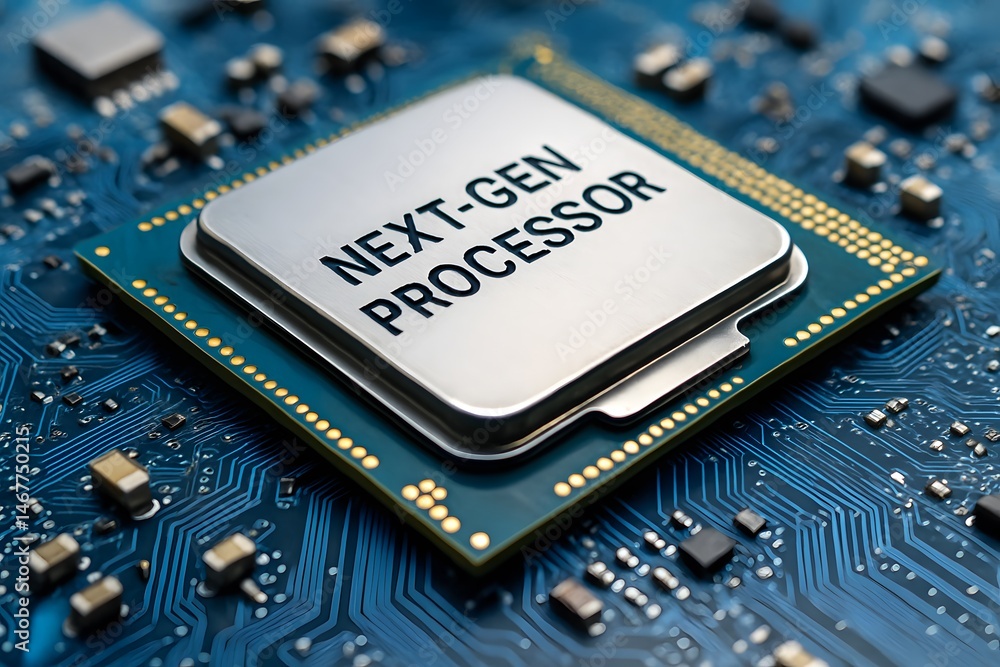 Poster a high-resolution shot shows a “next-gen processor” chip mounted among electronic components. concep
