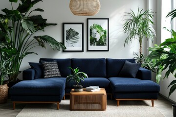 Modern living room with plants and sectional sofa