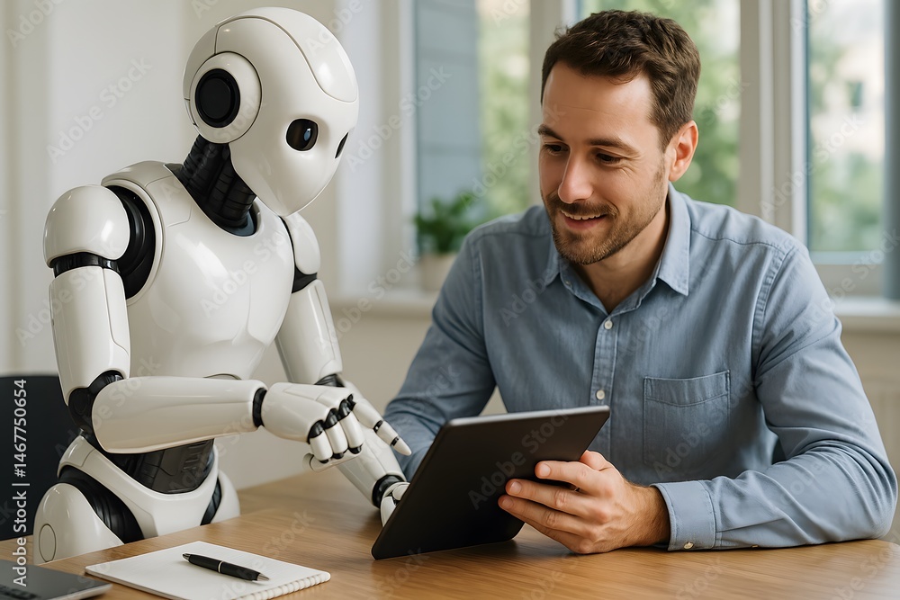Poster a caucasian man sits at a desk collaborating with a humanoid robot displayed on a tablet. concept of