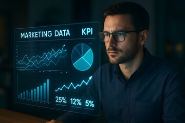 A male analyst examines virtual sales graphs and KPI indicators in a modern office at night. Concept of data-driven marketing strategy and business intelligence.