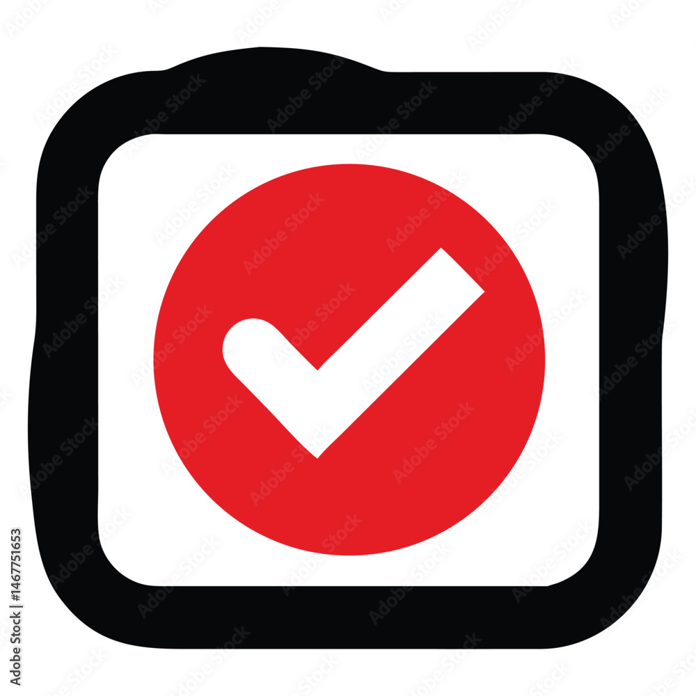 Poster red circle with white checkmark resides within a distorted black square frame