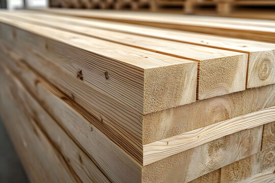 Close-up view of cross-laminated timber CLT panel. Visible wood layers show composite construction. Sustainable building material lightweight, hard-wearing. CLT panels offer innovative structural