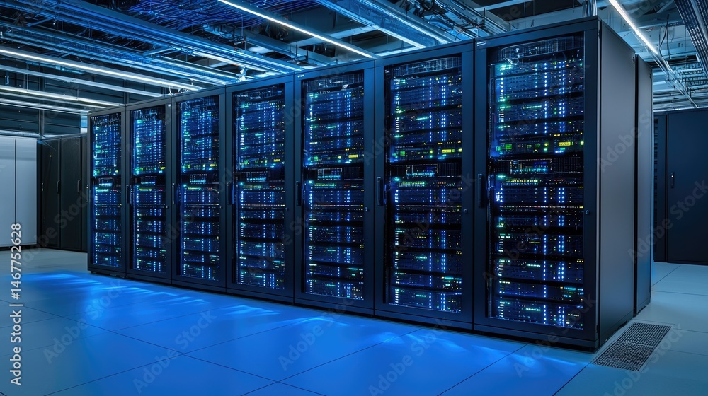 Poster High-tech blue server room with glowing LED lights and data racks under bright overhead infrastructure, ideal for cloud computing and network technology visuals