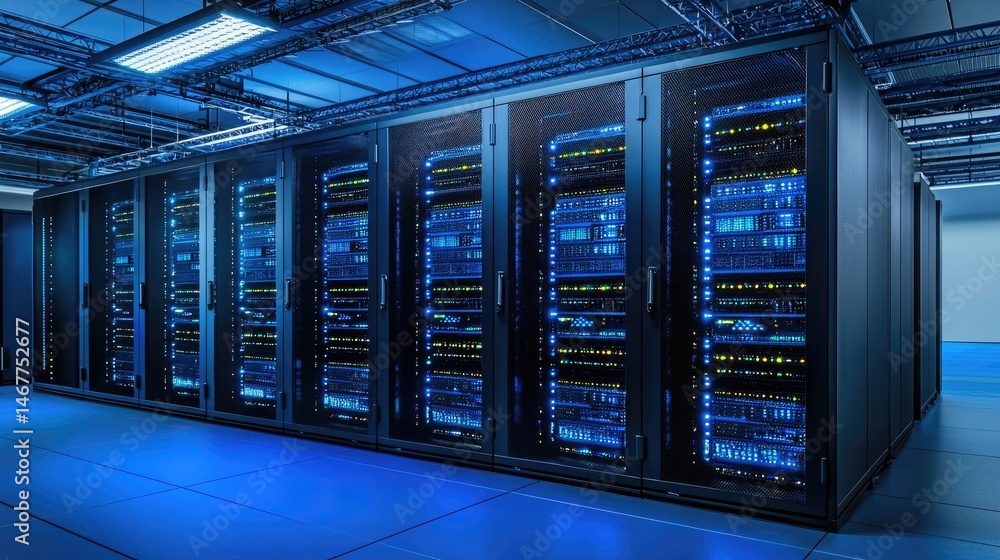 Poster Modern server racks illuminated with intense blue LED lights inside a high-performance computing environment, great for cloud services, IT, and data security content