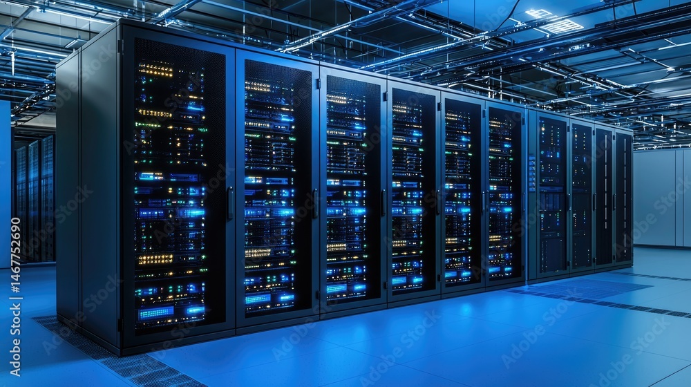Poster futuristic data center interior with glowing server racks, organized cabling, and intense blue light