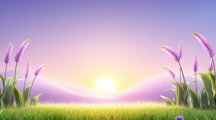 Fototapeta premium A field of corn spikes swaying gently in the breeze, with the setting sun casting a warm glow over the tall crops.