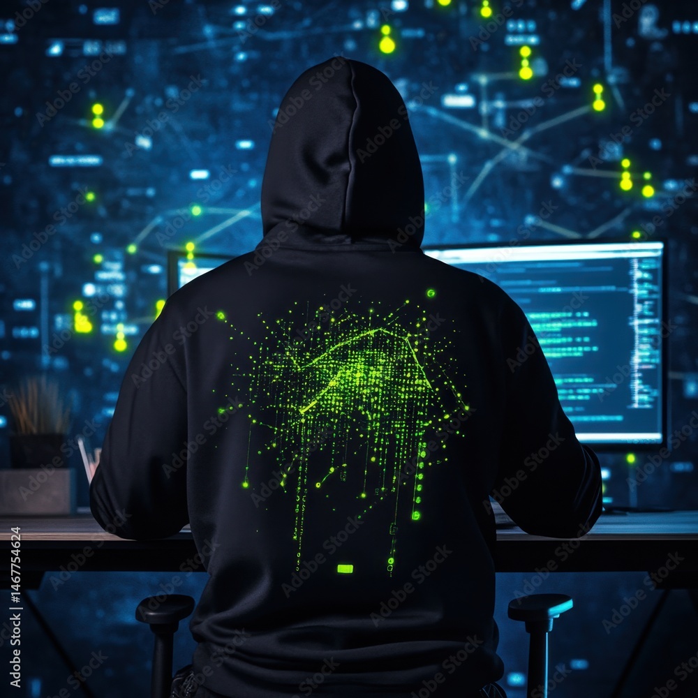 Poster person in hoodie facing a computer screen with code