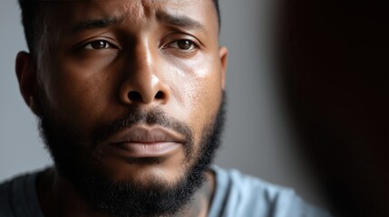 Fototapeta premium Close up portrait of African American man with concerned sad expression on face