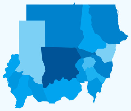 Map of Sudan with regions. A simple country border map with regional divisions. Light blue color palette. Plain Sudan shape with administrative division. Vector illustration.